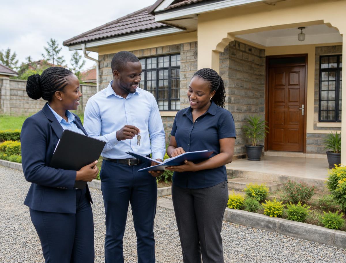 Illustration of Kenyan property professionals outside a residential home